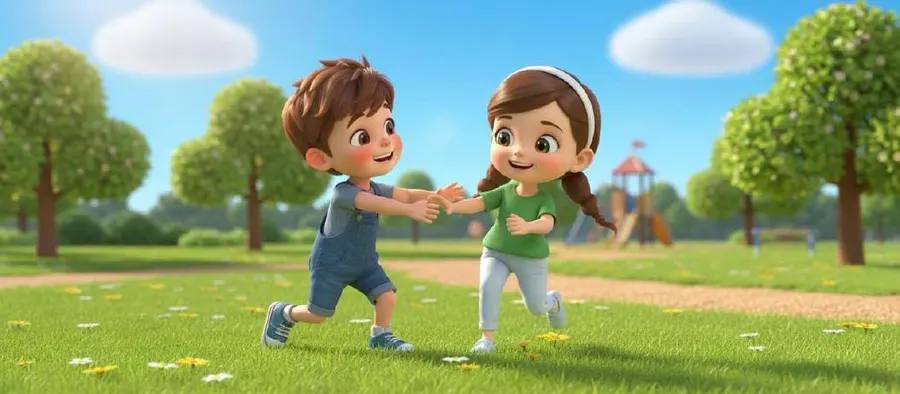 Tres niños juegan juntos en el parque bajo los árboles, en una tarde soleada