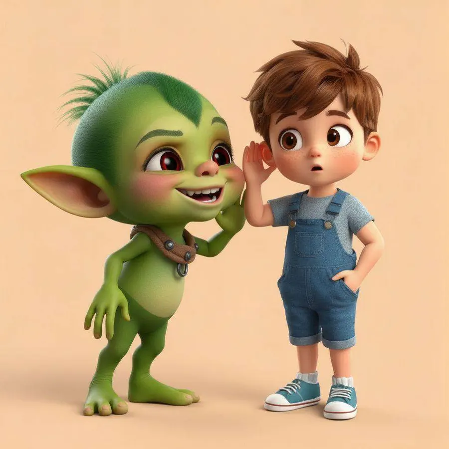 El duende verde se acerca al oído de un niño y le susurra mientras el niño frunce el ceño