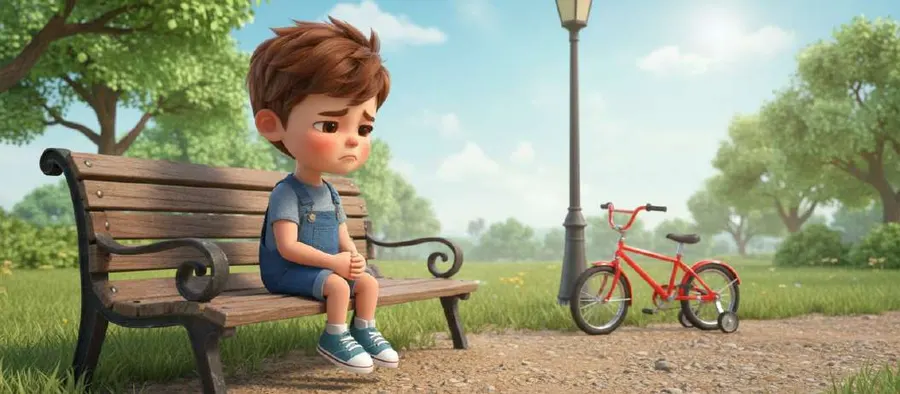 Un niño sentado solo en un banco del parque mira hacia una bicicleta roja apoyada en un árbol