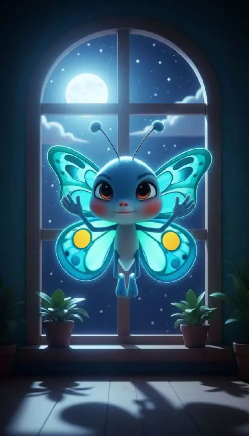 Una mariposa azul brillante se posa en el cristal de la ventana de una habitación de noche