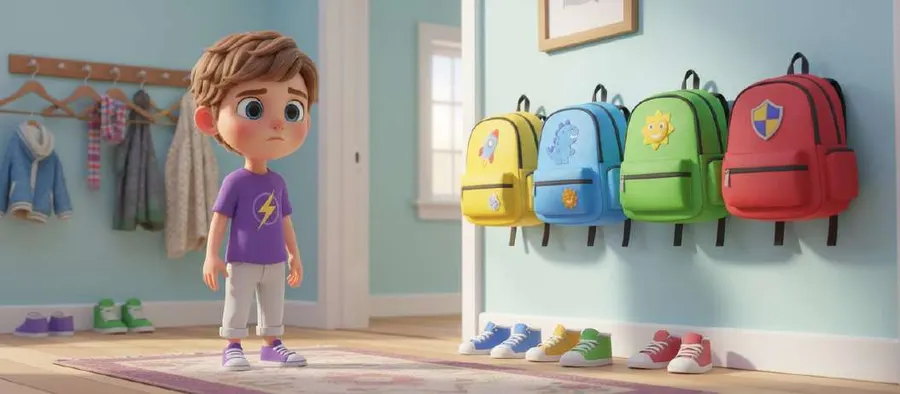 Lucas contempla cuatro mochilas de colores colgadas en el recibidor de casa, con las zapatillas alineadas debajo
