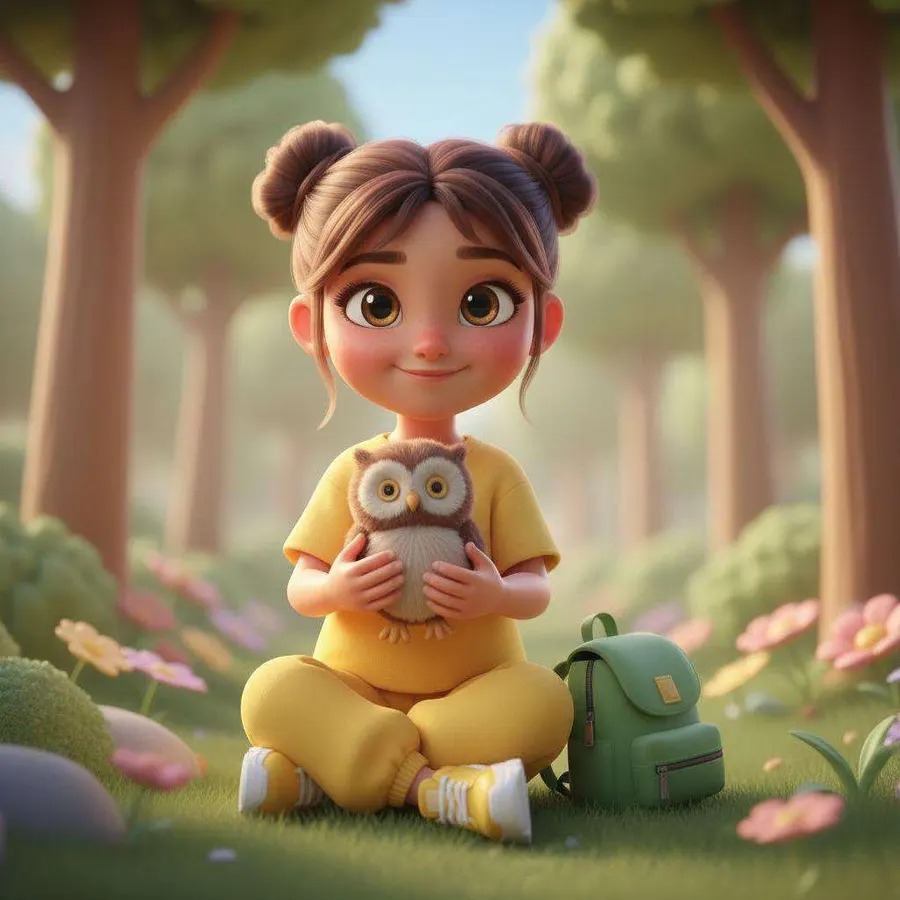 Sofía, sentada en la hierba junto a su mochila verde, abraza a Noctis, un búho de peluche desgastado