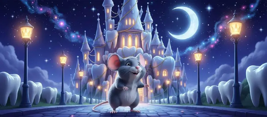 El Ratoncito Pérez saluda en una calle iluminada por farolas, delante de un castillo hecho de dientes bajo la luna