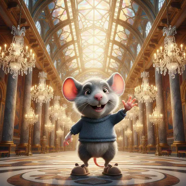 El Ratoncito Pérez, con jersey azul y zapatillas, saluda en el gran salón del palacio lleno de lámparas de cristal