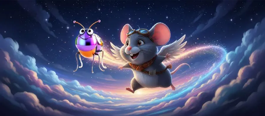 El Ratoncito Pérez, con alas y gafas de aviador, vuela entre nubes nocturnas junto a Buggy, un insecto luminoso
