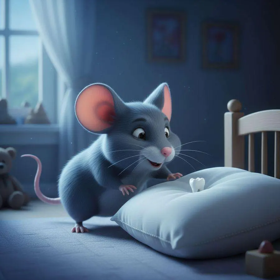 El Ratoncito Pérez se asoma a la almohada de María, donde brilla un pequeño diente blanco