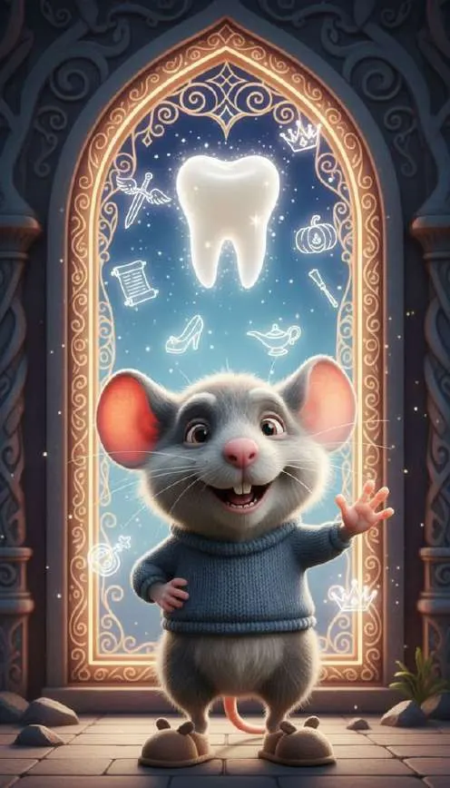 El Ratoncito Pérez saluda delante de una vidriera del palacio con un gran diente brillante en lo alto