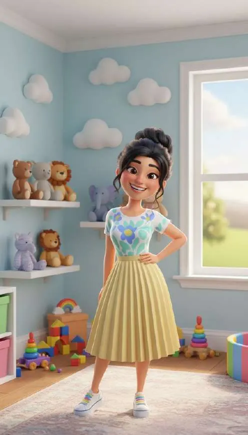 Irene, embarazada, posa en la habitación del bebé pintada de azul con nubes y estanterías de peluches