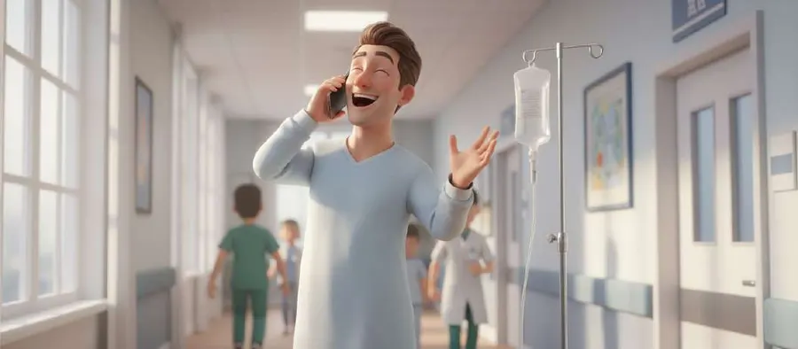 Álvaro habla por teléfono, radiante, en el pasillo luminoso del hospital