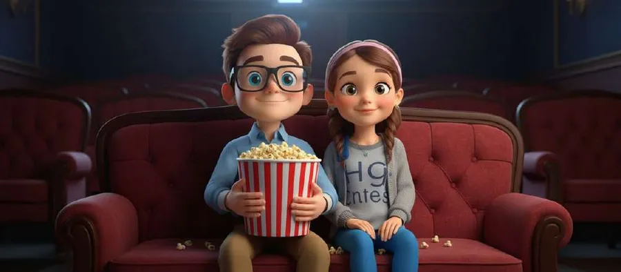 Javi y Carol sentados juntos en las butacas rojas de un cine, compartiendo una bolsa de palomitas