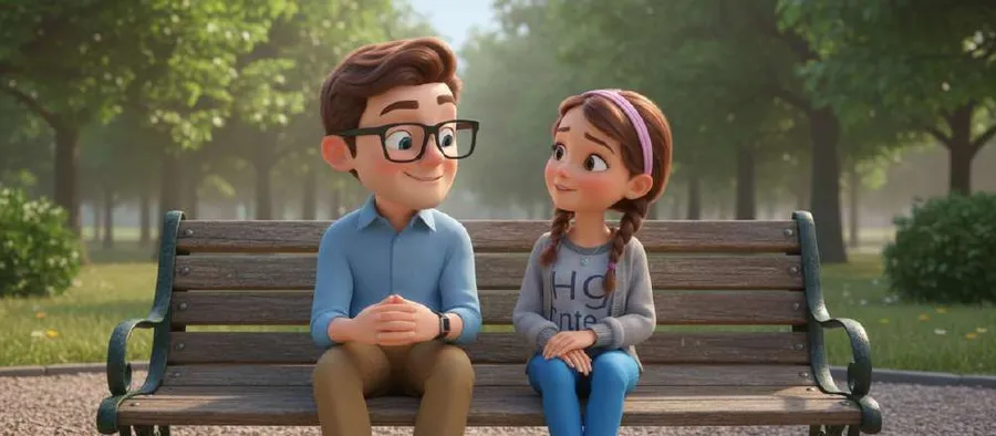 Javi y Carol, ya adolescente, conversan sentados en un banco de un parque arbolado