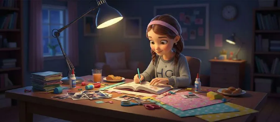 Carol escribe de noche en su escritorio, rodeada de fotografías, cartulinas de colores y material para hacer un álbum