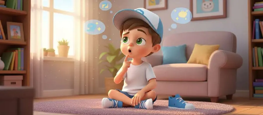 Un niño con gorra sentado en la alfombra del salón, pensativo, con burbujas de pensamiento flotando a su alrededor