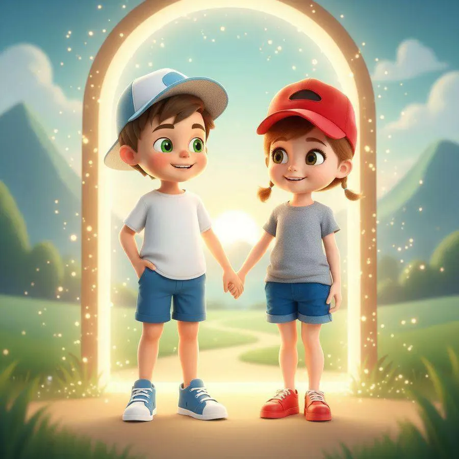 Dos hermanos con gorra se dan la mano bajo un arco de luz dorada que se abre hacia un camino entre colinas verdes