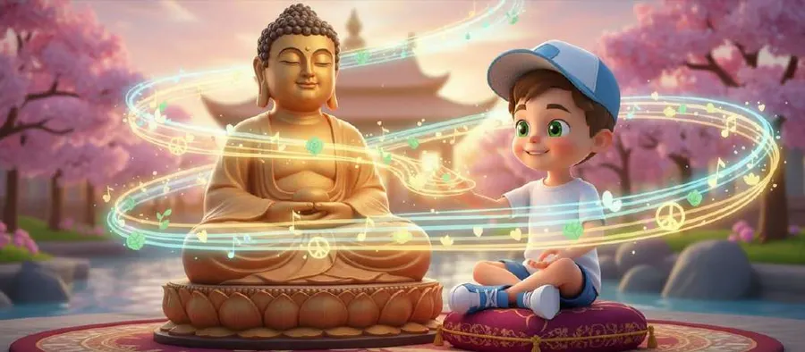 Un niño sentado sobre un cojín frente a una gran estatua de Buda entre cerezos en flor, rodeados de anillos de luz