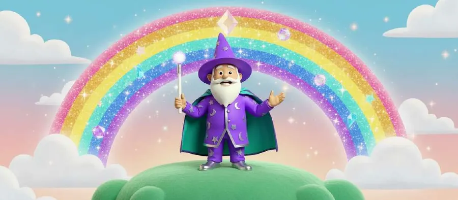 Un mago de túnica morada abre los brazos sobre una colina bajo un enorme arcoíris de colores brillantes