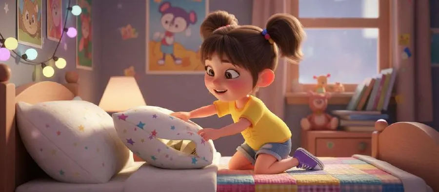 María, arrodillada en su cama, levanta la almohada y encuentra un papel doblado debajo