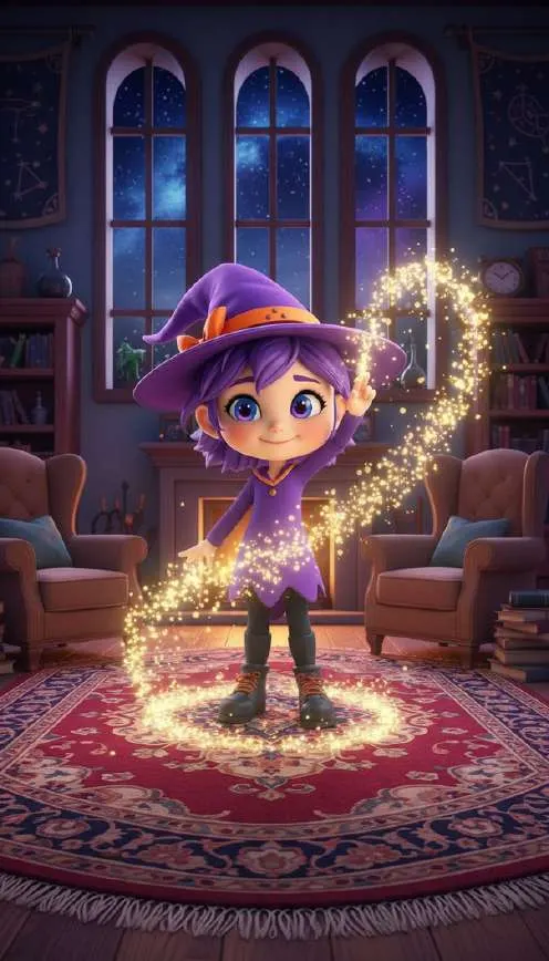 Uva, una brujita de pelo morado con sombrero puntiagudo, lanza con su escoba una estela de luces doradas sobre la alfombra del salón