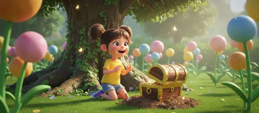 María, sentada junto a un árbol del jardín, ríe al ver a su lado un cofre dorado recién desenterrado