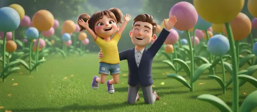 María salta de alegría junto a su padre, arrodillado con los brazos en alto, en un jardín de flores redondas de colores
