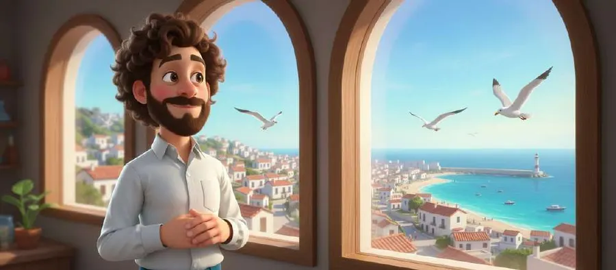 Ricardo mira por los ventanales arqueados de su piso hacia la bahía, con gaviotas volando sobre el mar y un faro al fondo