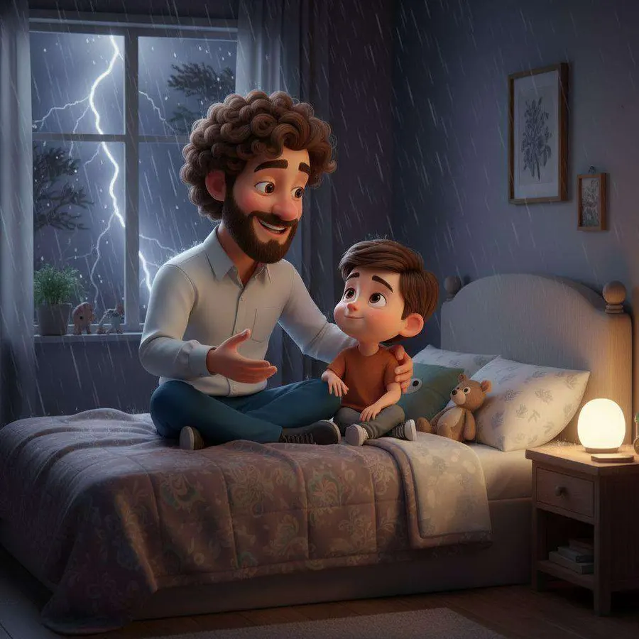 Ricardo, sentado en la cama, calma a Vicente durante una tormenta mientras los relámpagos iluminan la ventana