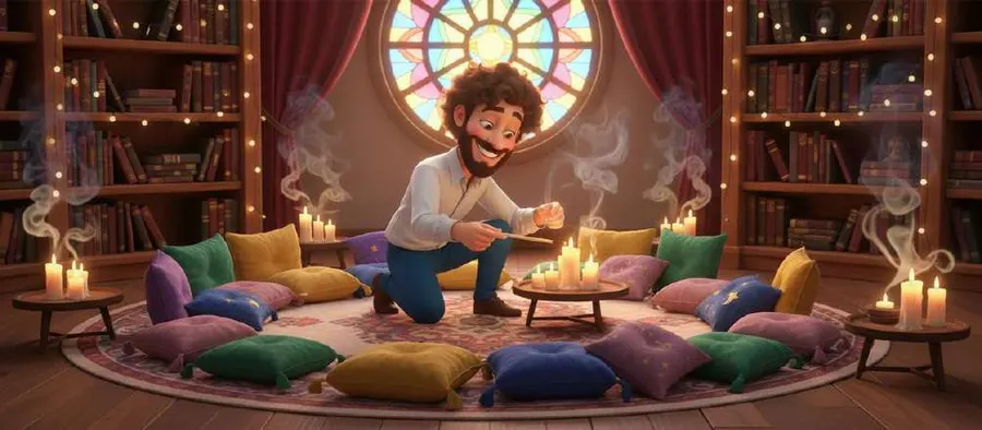 Ricardo prepara la sala de lectura de los jueves: cojines en semicírculo, velas encendidas y estanterías de libros hasta el techo