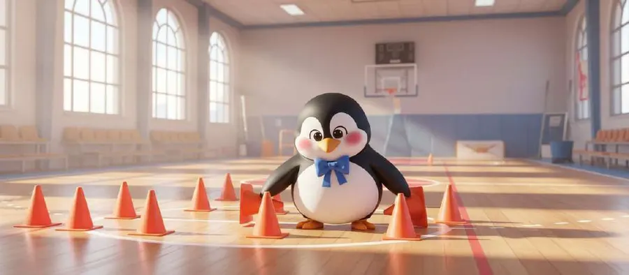 Fifo, el pingüino con lazo azul, coloca conos naranjas en el suelo de la cancha vacía