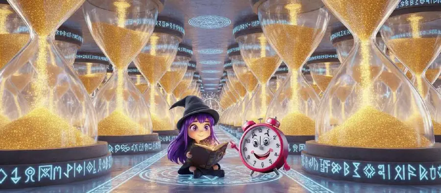 Una bruja de pelo morado lee sentada junto a un reloj despertador con cara en un pasillo de relojes de arena gigantes
