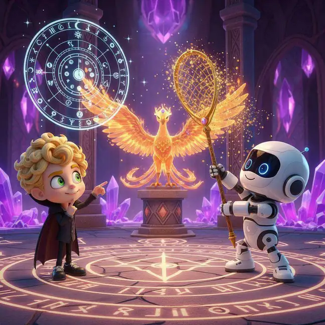 Un vampiro y un pequeño robot con una red atrapan las chispas de un fénix dorado en una sala con un círculo mágico