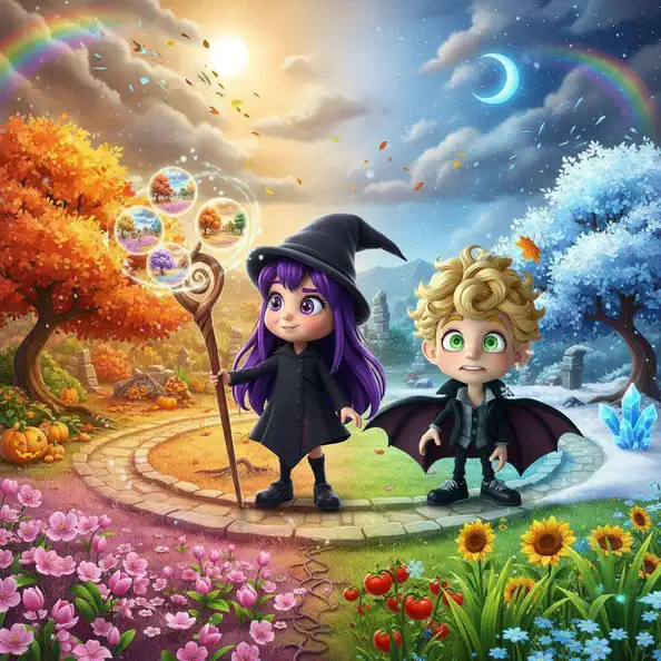 La bruja y el vampiro en un jardín partido en estaciones: flores de primavera, girasoles, hojas de otoño y árboles nevados