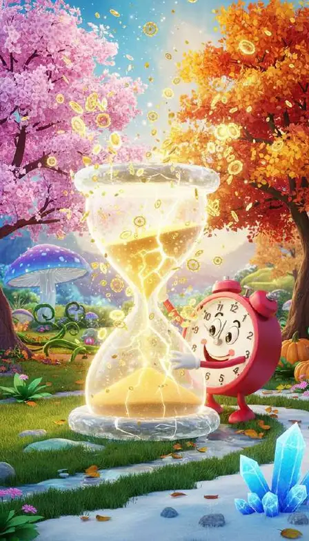 Un reloj despertador con cara abraza un reloj de arena luminoso en un jardín entre un cerezo en flor y un árbol de otoño