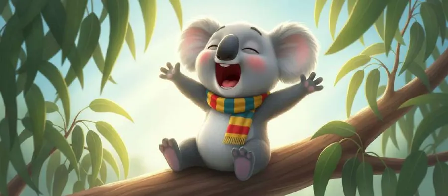 Bimpo el koala se despereza con los brazos abiertos sobre la rama de su eucalipto