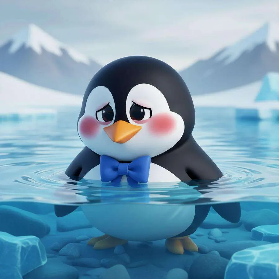 Fifo el pingüino, con su pajarita azul, se queda quieto en el agua helada del lago