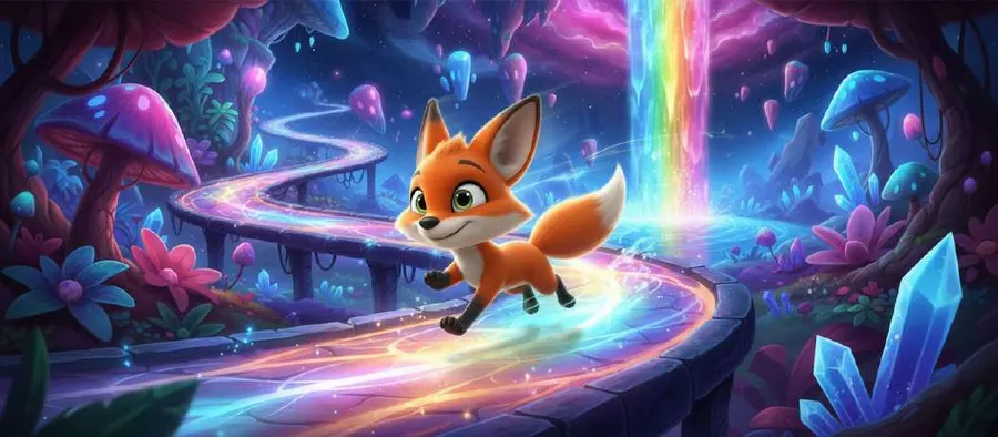 Una zorra corre por un sendero brillante entre árboles de colores en un bosque mágico