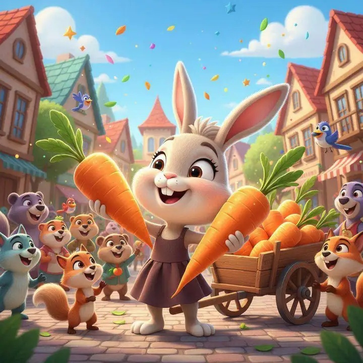 Una coneja reparte zanahorias y naranjas entre sus amigos animales en un prado lleno de flores