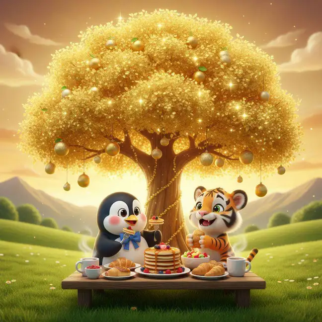 Los animales desayunan juntos alrededor de una mesa bajo un gran árbol dorado