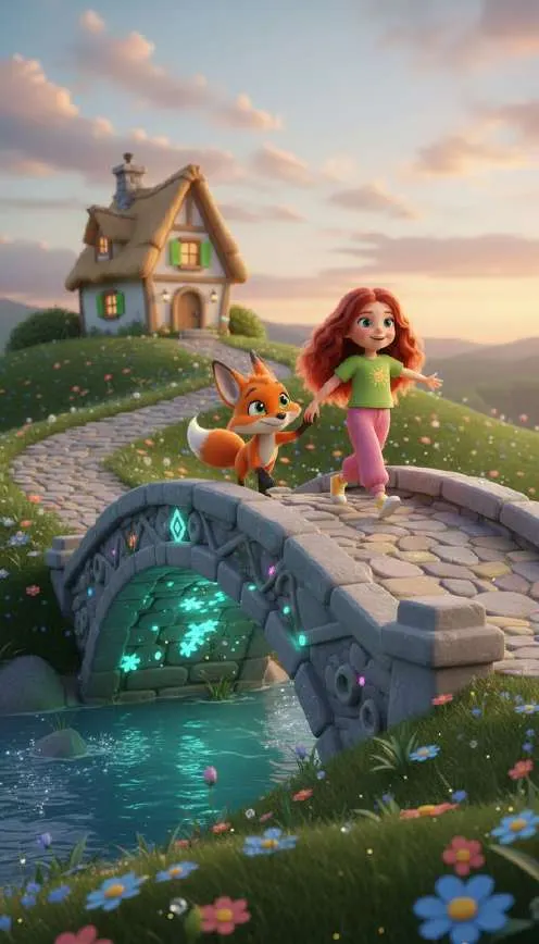 Emma y Zori cruzan al atardecer un puente de piedra que lleva a una casita de tejado a dos aguas