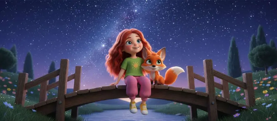 Emma y Zori se sientan juntas en el puente bajo un cielo nocturno lleno de estrellas