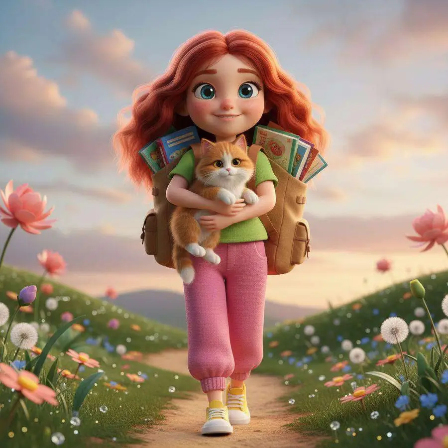 Emma camina por un sendero entre flores con su gato en brazos y la mochila cargada de libros