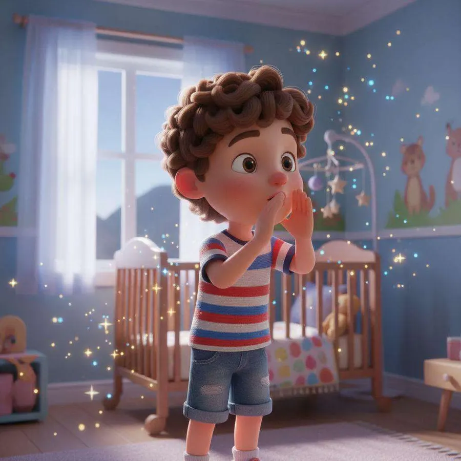 Hugo, con camiseta de rayas, se lleva las manos a la boca asombrado en una habitación azul con una cuna y destellos de luz