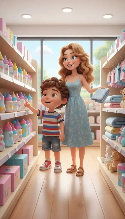 Hugo y su madre, embarazada, eligen cosas para el bebé entre estantes llenos de biberones y mantitas