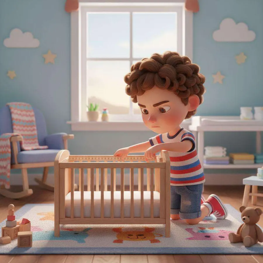 Hugo, arrodillado junto a una cuna de madera, la mide con la mano muy concentrado