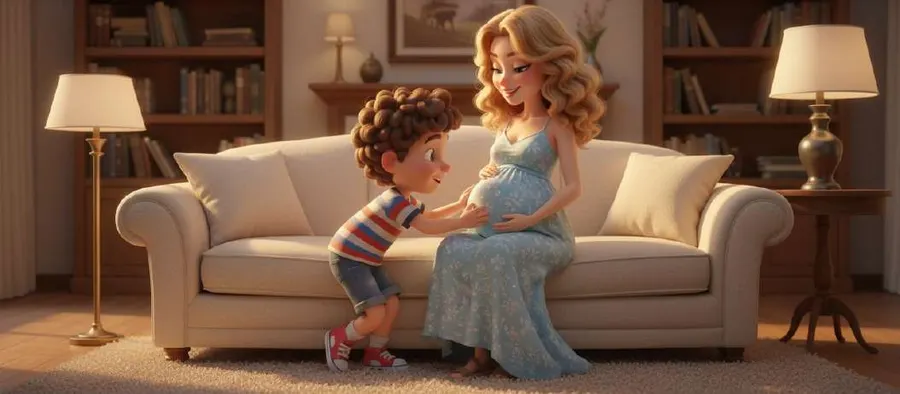 Hugo toca la barriga de su madre, sentada en el sofá del salón
