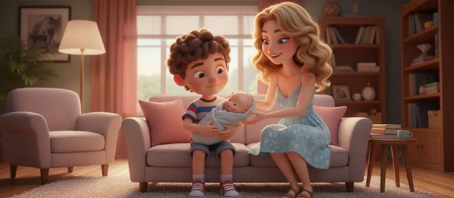 Hugo, sentado en el sofá, sostiene un muñeco envuelto en una mantita mientras su madre le enseña a cogerlo