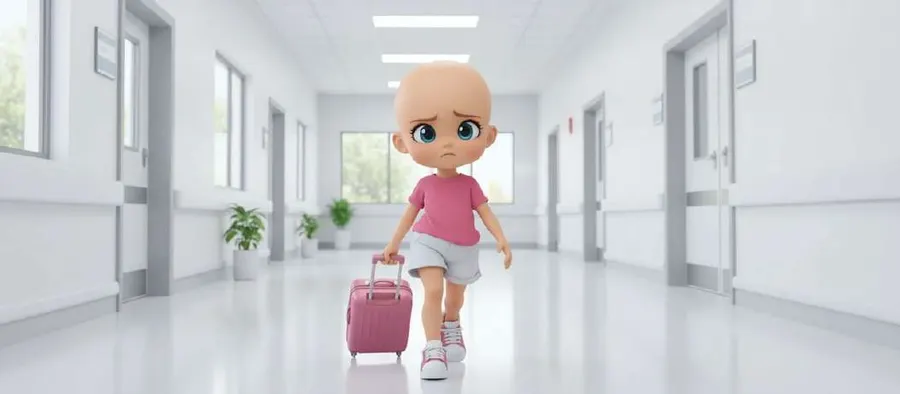 Una niña con camiseta rosa arrastra una maleta pequeña por un pasillo de hospital blanco y luminoso