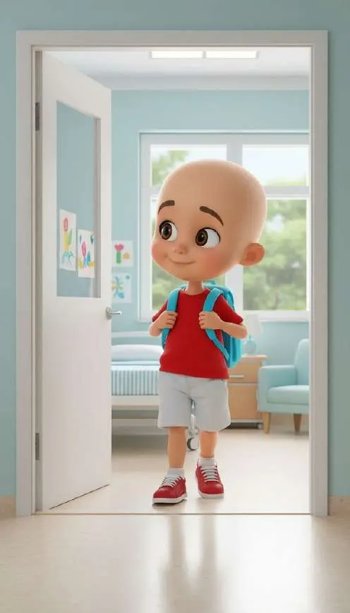 Un niño con mochila azul asoma desde la puerta abierta de una habitación de hospital