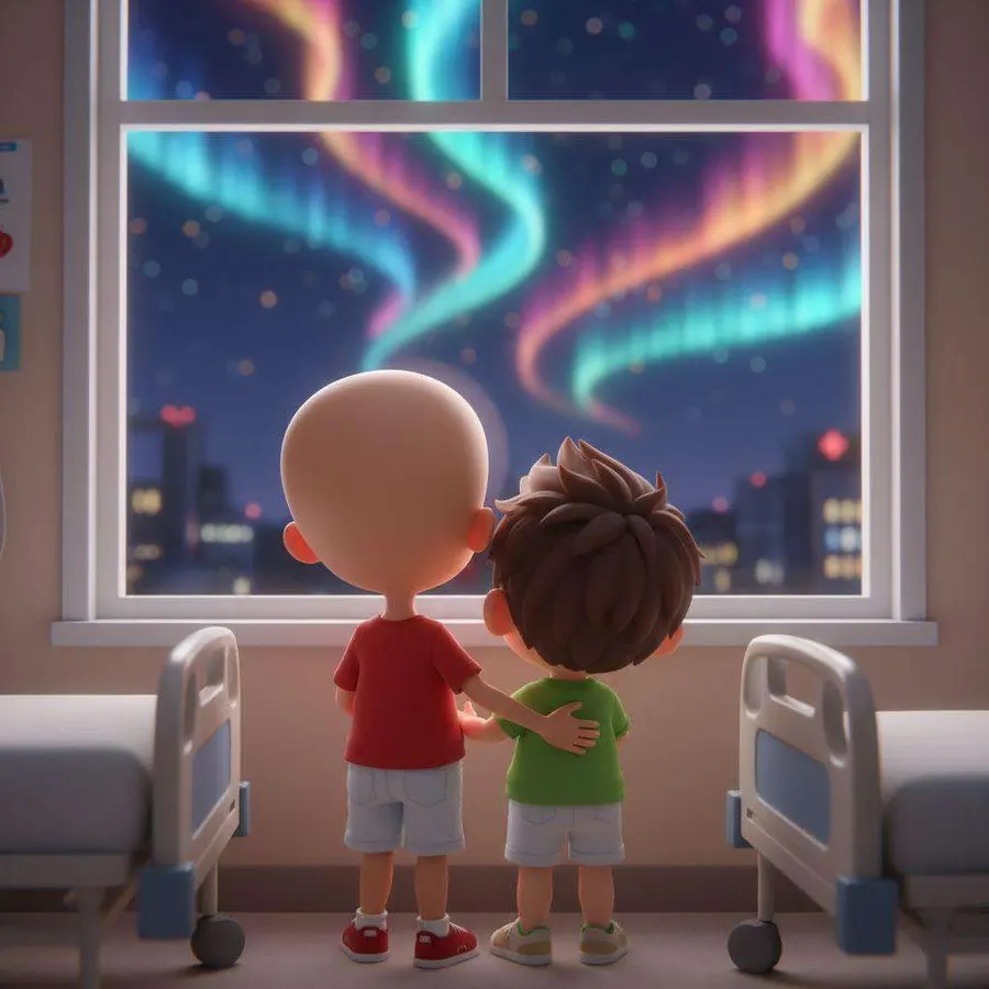 Dos niños abrazados por los hombros miran por la ventana de la habitación unas luces de colores que cruzan el cielo nocturno