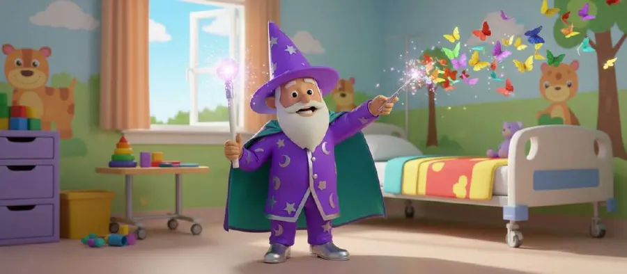 Un mago con capa y sombrero morados agita su varita en una sala de juegos infantil y hace aparecer mariposas de papel de colores