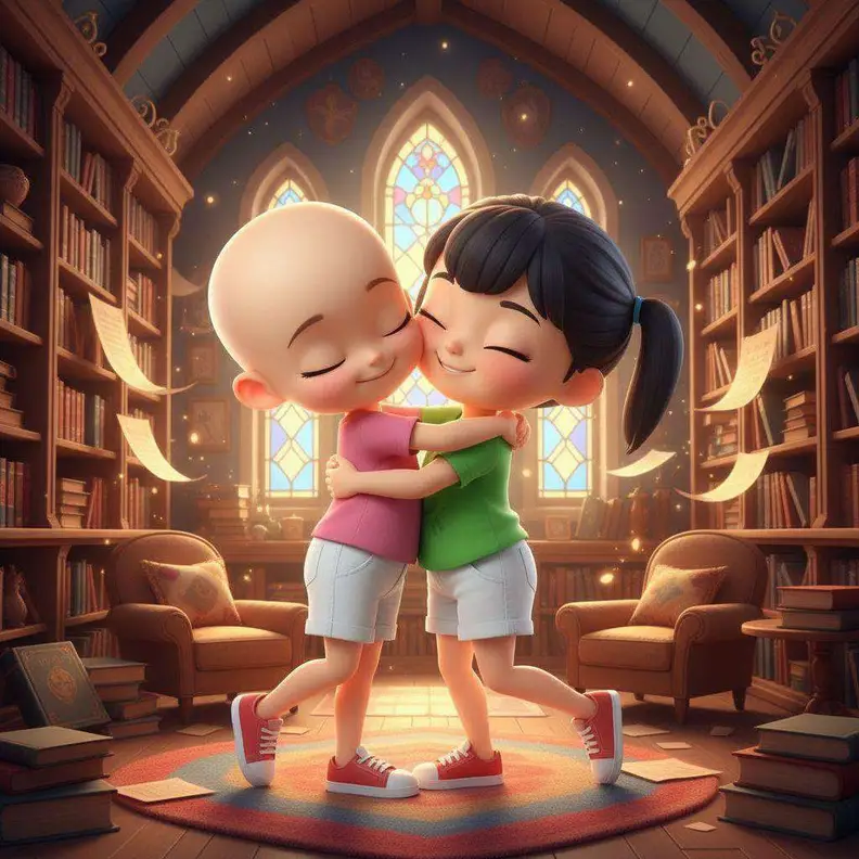 Dos niños se abrazan en el centro de una biblioteca de madera iluminada por vidrieras, con páginas doradas flotando a su alrededor
